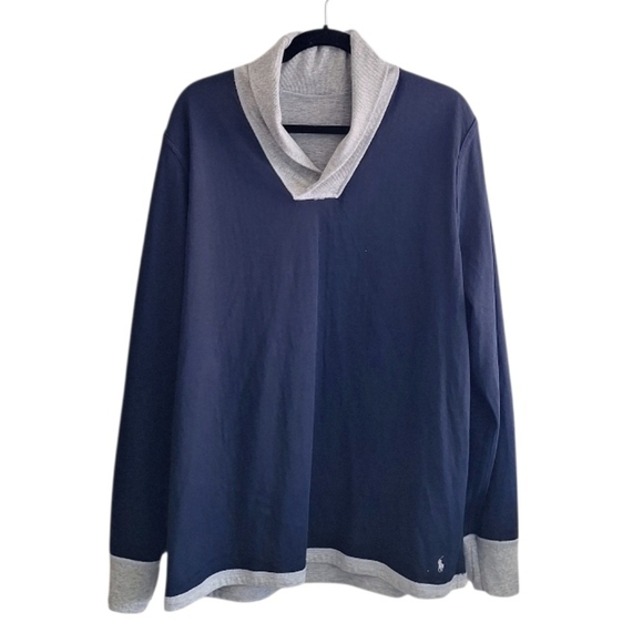 Polo Ralph Lauren Gray Navy Shawl Neck Reversible Lounge Sweatshirt Preppy L - Picture 2 of 8